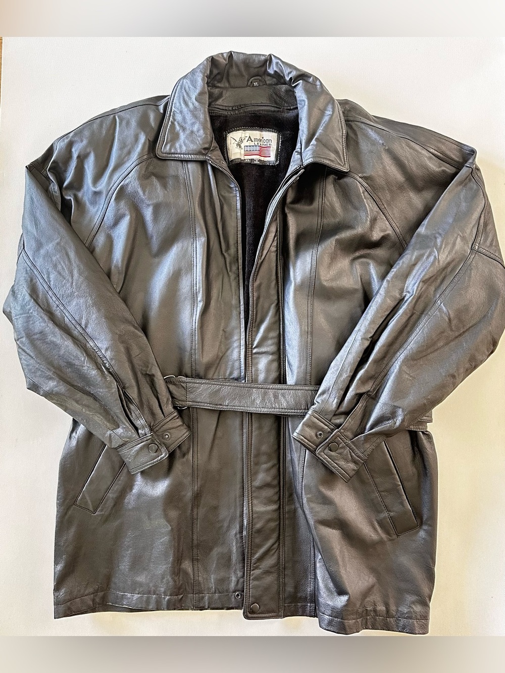 American Leather Genuine Leather Belted Long Jacket Men’s XL Black